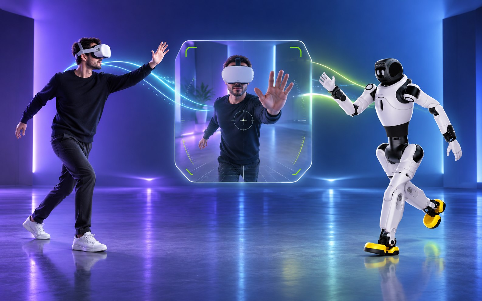 Оператор в VR-шлеме зеркально управляет движениями AgiBot и видит себя глазами робота