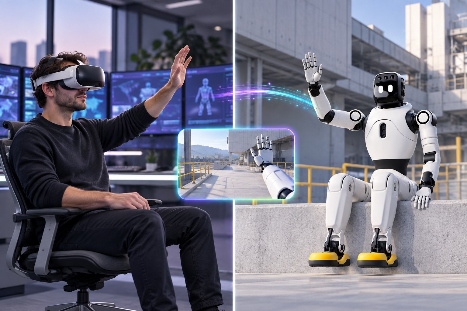 Человек в VR-шлеме управляет AgiBot на удалённом объекте